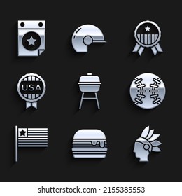 Set Barbecue Grill, Burger, Native American Indian, Baseball Ball, Flag, Medal With Star,  And Calendar Date July 4 Icon. Vector