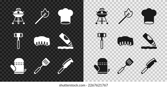 Grillgrill legen, Bratspiel mit Feuer, Kochmütze, Ovenhandschuh, Spatula, Fleischchopper, Küchenhammer und GrillSchweinebribs-Icon. Vektorgrafik