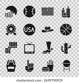 Set Barbecue grill, Cactus, Basketball ball, American flag, USA label, Medal with star, football helmet and Western cowboy hat icon. Vector