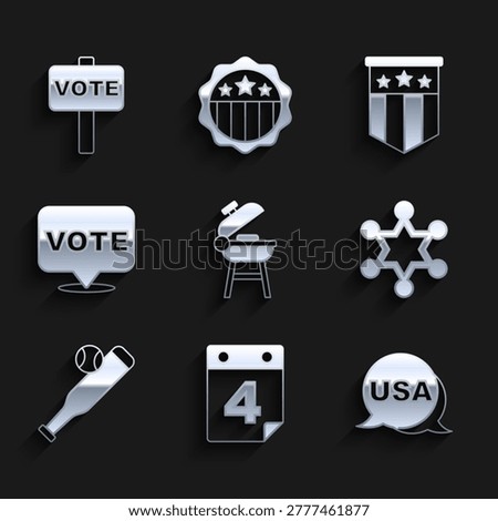 Set Barbecue grill, Calendar with date July 4, USA Independence day, Hexagram sheriff, Baseball bat ball, Vote, American flag and  icon. Vector