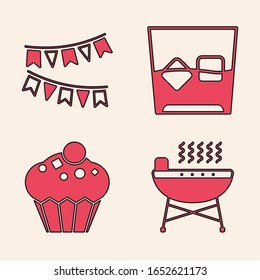 Set Barbecue grill , Carnival garland with flags , Glass of whiskey and ice cubes  and Muffin  icon. Vector