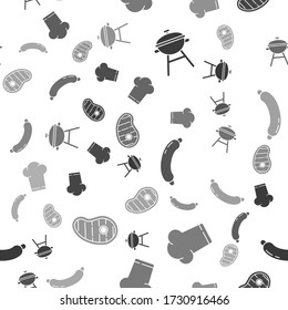 Set Barbecue grill, Chef hat, Sausage and Steak meat on seamless pattern. Vector