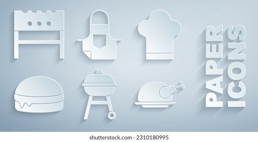 Set Barbecue grill, Chef hat, Burger, Roasted turkey or chicken, Kitchen apron and BBQ brazier icon. Vector