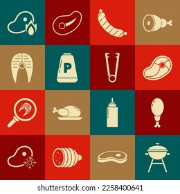 Set Barbecue grill, Chicken leg, Steak meat, Sausage, Pepper, Fish steak, Grilled and fire flame and Meat tongs icon. Vector