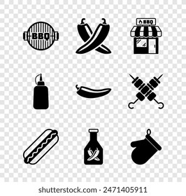 Set Barbecue grill, Crossed hot chili pepper pod, shopping building, Hotdog sandwich, Ketchup bottle, Oven glove, Mustard and  icon. Vector