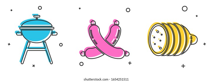 Set Barbecue grill, Crossed sausage and Salami sausage icon. Vector