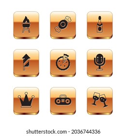 Set Barbecue grill, Crown, Home stereo with two speakers, Homemade pie, Firework rocket, Champagne bottle, Glass of champagne and Candy icon. Vector