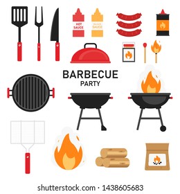 Set of barbecue or grill elements. Summer picnic isolated icon. Grilled meet on fire. Cook on nature. EPS 10