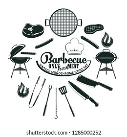 Set of barbecue and grill elements for vintage logo design, monochrome icons isolated on white background, vector