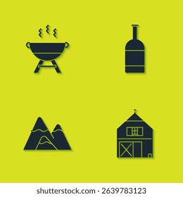Set Barbecue grill, Farm House, Mountains and Beer bottle icon. Vector