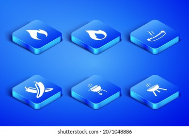 Set Barbecue grill, Fire flame, grilled shish kebab, Crossed hot chili pepper pod,  and Hotdog sandwich icon. Vector
