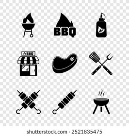 Set Barbecue grill, fire flame, Ketchup bottle, Grilled shish kebab, shopping building and Steak meat icon. Vector