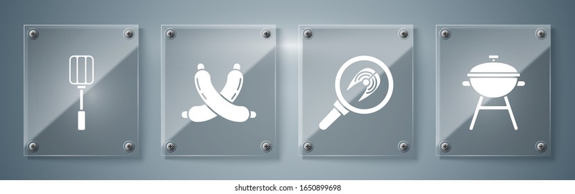Set Barbecue grill, Fish steak in frying pan, Crossed sausage and Spatula. Square glass panels. Vector