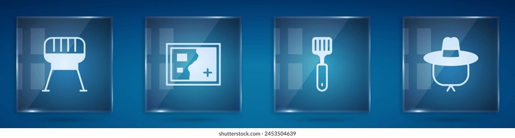 Set Barbecue grill, Folded map, Spatula and Camping hat. Square glass panels. Vector