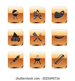 Set Barbecue grill, Grilled shish kebab, Crossed fork and spatula, fire flame, Steak meat, Hotdog sandwich and  icon. Vector