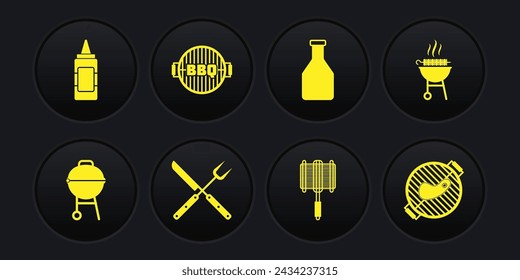 Set Barbecue grill, grilled shish kebab, Crossed fork and knife, steel grid, Ketchup bottle, with steak and Mustard icon. Vector