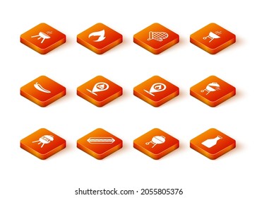 Set Barbecue grill, Hotdog sandwich, chili pepper pod, Location with barbecue, fire flame, Ketchup bottle and  icon. Vector