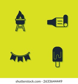 Set Barbecue grill, Ice cream, Carnival garland with flags and Birthday party horn icon. Vector