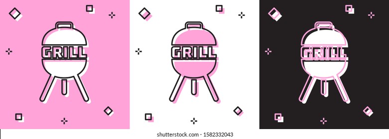 Set Barbecue grill icon isolated on pink and white, black background. BBQ grill party.  Vector Illustration