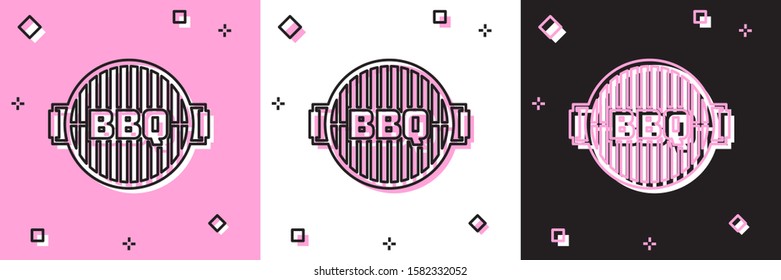 Set Barbecue grill icon isolated on pink and white, black background. Top view of BBQ grill. Steel grid.  Vector Illustration