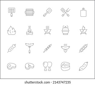 Set of barbecue and Grill icons line style. It contains such Icons as BBQ, picnic, camping, meat, steak, food, outdoor, hiking, sausages, beef and other elements.