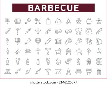 Set of barbecue and Grill icons line style. It contains such Icons as BBQ, picnic, camping, meat, steak, food, outdoor, hiking, sausages, beef and other elements.