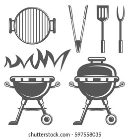 Set of barbecue and grill icons in monochrome style. Design elements for logo, label, emblem.