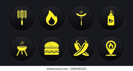 Set Barbecue grill, Ketchup bottle, Burger, Crossed hot chili pepper pod, Sausage on the fork, Fire flame, Location with fire and steel grid icon. Vector