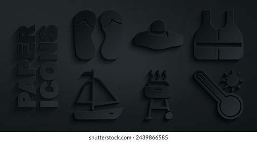 Set Barbacoa parrilla, Chaleco salvavidas, Velero Yate, Termómetro Meteorología, Elegante sombrero de mujer y Flip flops icono. Vector