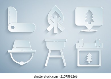 Ponga parrilla barbacoa, ubicación del bosque, sombrero de camping, calendario con árbol, fuego de campanas e icono del cuchillo del ejército suizo. Vector