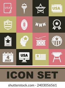 Set Barbecue grill, Medal with star, USA Independence day, American Football ball, Shield stars, on graphic tablet and Carnival garland flags icon. Vector