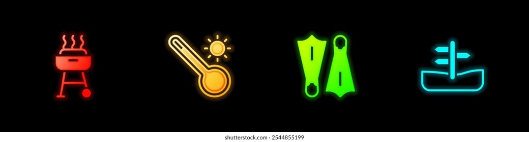 Set Barbecue grill, Meteorology thermometer, Rubber flippers for swimming and Road traffic sign icon. Vector