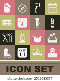 Set Barbecue grill, Mountains, Knife, Wooden axe, Mushroom, RV motorhome vehicle, Lighter and Flashlight icon. Vector