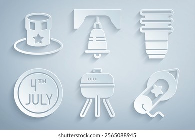 Set Barbecue grill, Paper glass, Calendar with date July 4, Firework, Liberty bell in Philadelphia and Patriotic American top hat icon. Vector