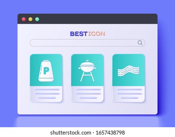 Set Barbecue grill, Pepper and Bacon stripe icon. Vector