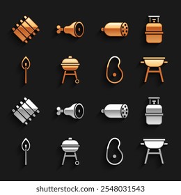 Set Barbecue grill, Propane gas tank, Steak meat, Burning match with fire, Salami sausage, Grilled pork bbq ribs and Chicken leg icon. Vector