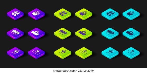 Set Barbecue grill, Road traffic sign, Air conditioner, Cruise ship, Ice bucket and Aqualung icon. Vector
