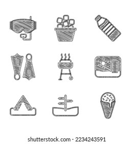 Set Barbecue grill, Road traffic sign, Ice cream in waffle cone, Travel postcard, Tourist tent, Rubber flippers for swimming, Bottle of water and Diving mask icon. Vector