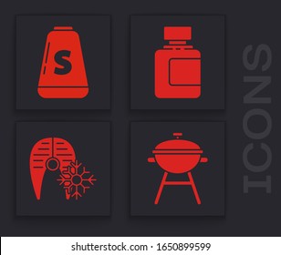 Set Barbecue grill, Salt, Sauce bottle and Fresh frozen fish steak icon. Vector