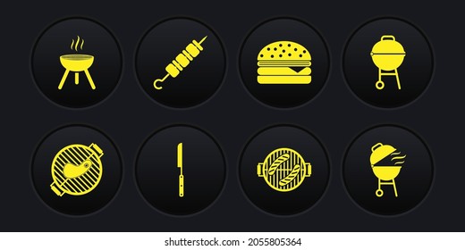 Set Barbecue grill with steak, knife, sausage, Burger, Grilled shish kebab,  and  icon. Vector