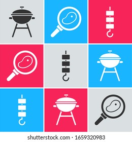Set Barbecue grill, Steak meat in frying pan and Grilled shish kebab on skewer stick icon. Vector
