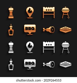Set Barbecue, grill, Steak meat, Chicken leg, Sauce bottle, BBQ brazier, Pepper and Location with fire flame icon. Vector