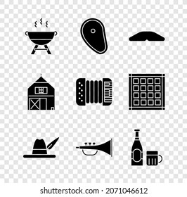 Set Barbecue grill, Steak meat, Homemade pie, Oktoberfest hat, Musical instrument trumpet, Beer bottle and glass, Farm House and Accordion icon. Vector