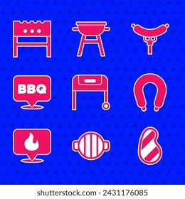 Set Barbecue grill, Steak meat, Sausage, Location with fire flame, the fork and BBQ brazier icon. Vector