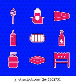 Set Barbecue grill, Steak meat, BBQ brazier, Tabasco sauce, Propane gas tank, Sauce bottle,  and Burning match with fire icon. Vector