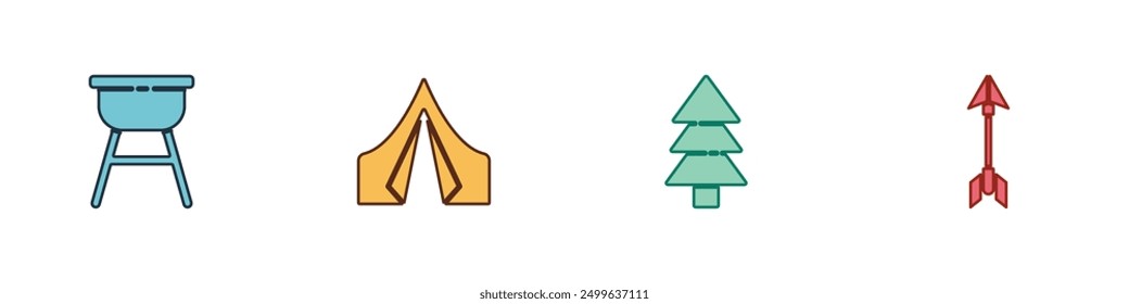 Set Barbecue grill, Tourist tent, Tree and Hipster arrow icon. Vector