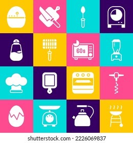 Set Barbecue grill, Wine corkscrew, Blender, Teaspoon, steel grid, Salt, Kitchen timer and Microwave oven icon. Vector