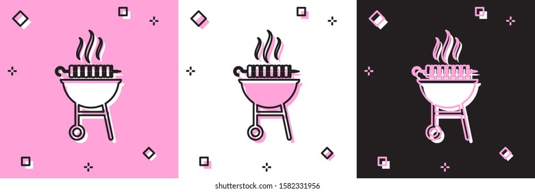 Set Barbecue grilled shish kebab on skewer stick icon isolated on pink and white, black background. BBQ meat kebab on skewer stick. Picnic with grill meat.  Vector Illustration