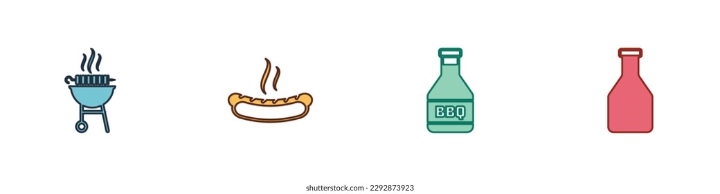 Set Barbecue grilled shish kebab, Hotdog sandwich, Ketchup bottle and  icon. Vector