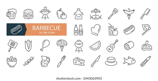 Set of barbecue icons. BBQ grill. Editable stroke